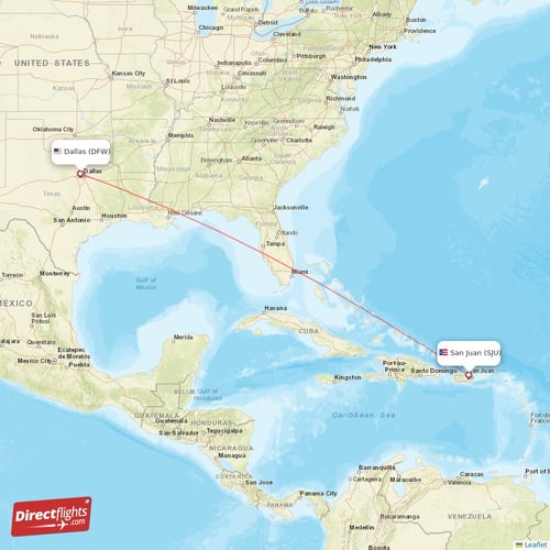 Dallas - San Juan direct flight map