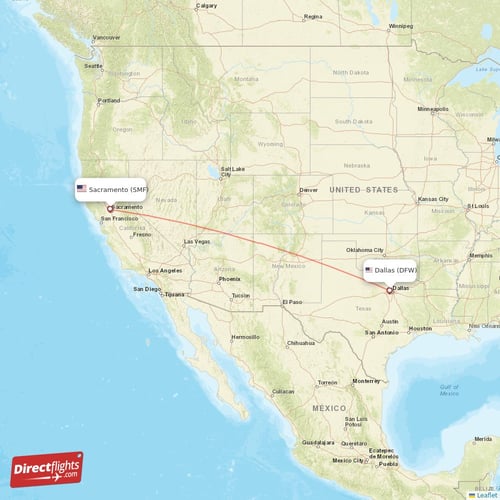 Dallas - Sacramento direct flight map
