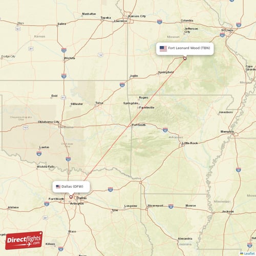 Dallas - Fort Leonard Wood direct flight map