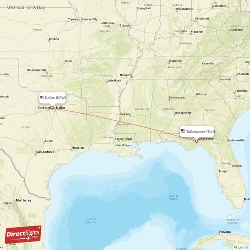 Dallas - Tallahassee direct flight map