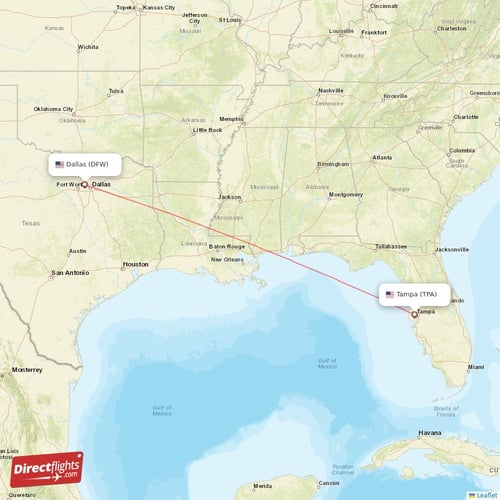 Dallas - Tampa direct flight map