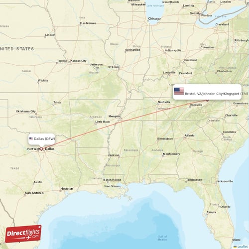 Dallas - Bristol, VA/Johnson City/Kingsport direct flight map