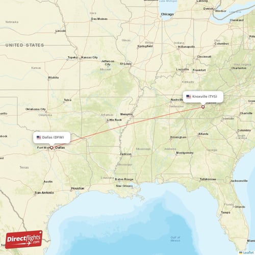 Dallas - Knoxville direct flight map