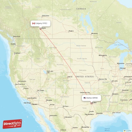 Dallas - Calgary direct flight map