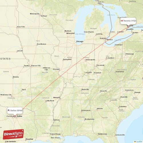 Dallas - Toronto direct flight map