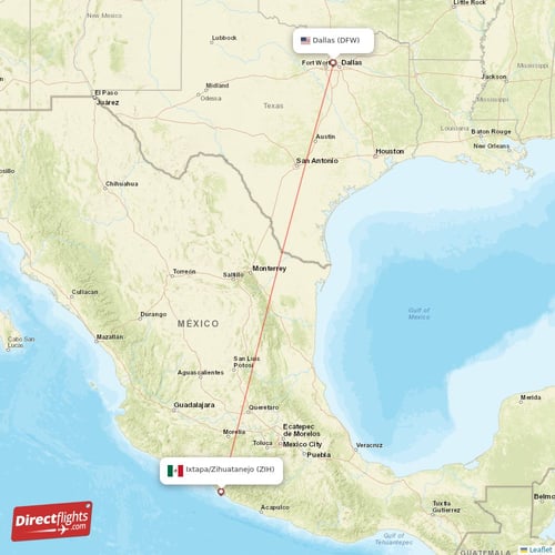 Dallas - Ixtapa/Zihuatanejo direct flight map