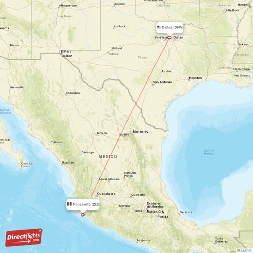 Dallas - Manzanillo direct flight map