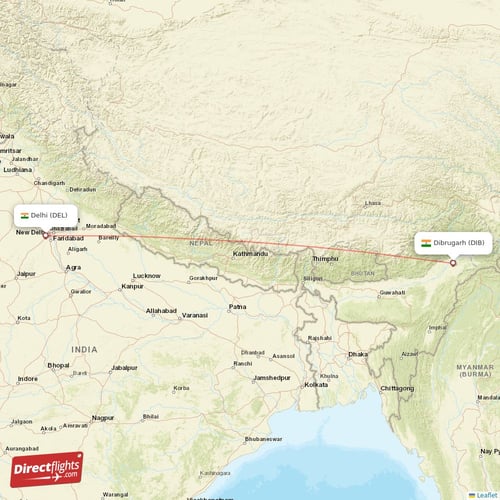 Dibrugarh - Delhi direct flight map