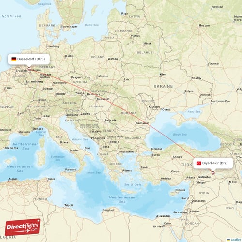 Diyarbakir - Dusseldorf direct flight map