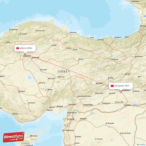Diyarbakir - Ankara direct flight map