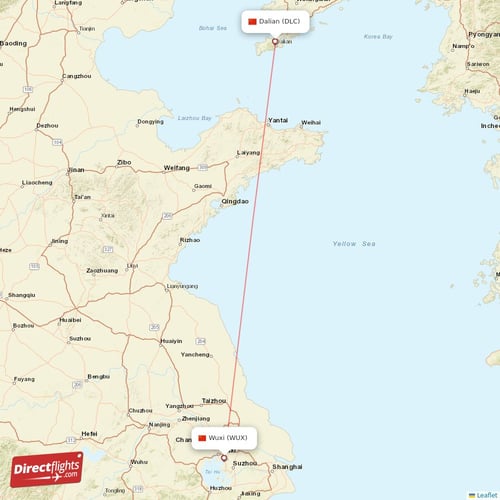 Dalian - Wuxi direct flight map