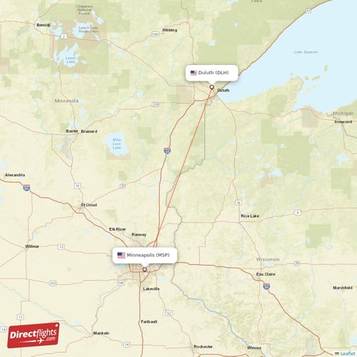 Duluth - Minneapolis direct flight map