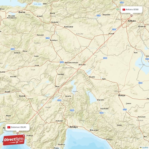 Dalaman - Ankara direct flight map