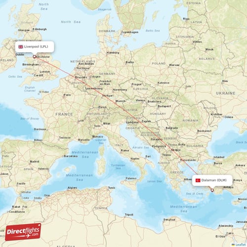 Dalaman - Liverpool direct flight map