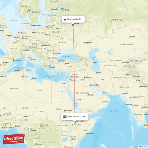 Moscow - Addis Ababa direct flight map