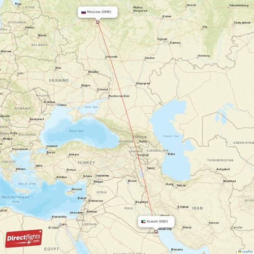 Moscow - Kuwait direct flight map
