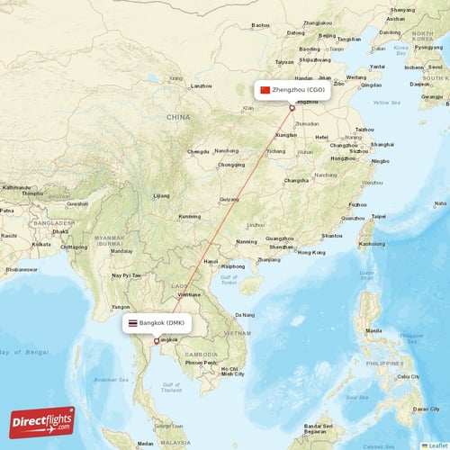 Bangkok - Zhengzhou direct flight map
