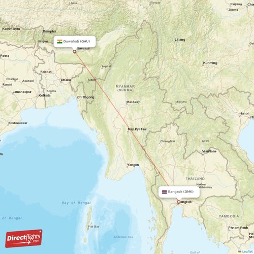 Bangkok - Guwahati direct flight map