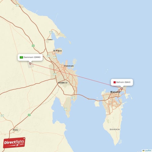 Dammam - Bahrain direct flight map