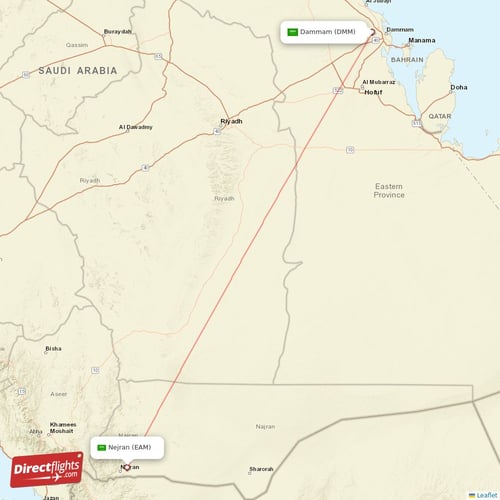 Dammam - Nejran direct flight map