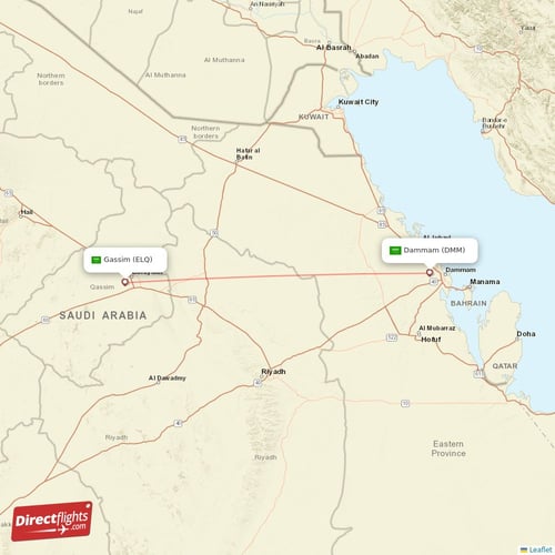 Dammam - Gassim direct flight map