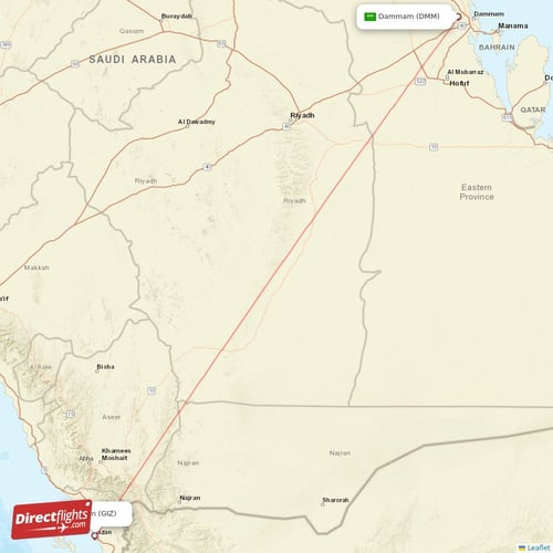 Dammam - Jazan direct flight map