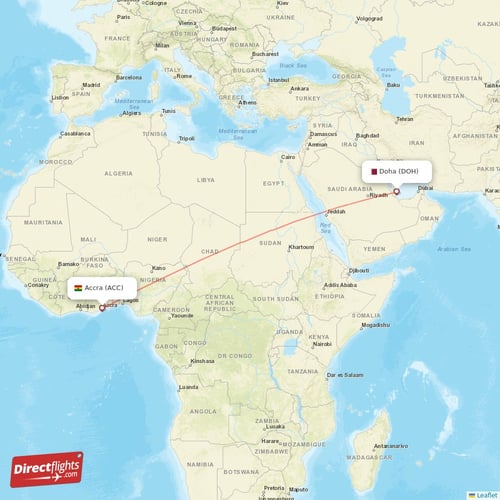 Doha - Accra direct flight map