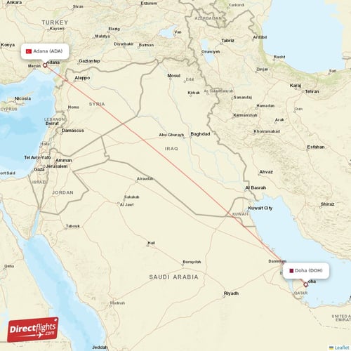Doha - Adana direct flight map