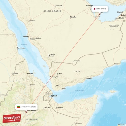 Doha - Addis Ababa direct flight map