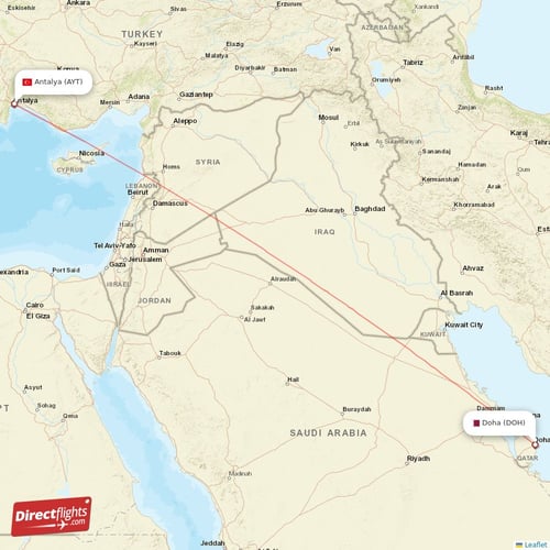 Doha - Antalya direct flight map
