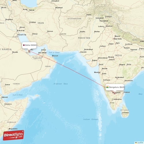 Doha - Bengaluru direct flight map
