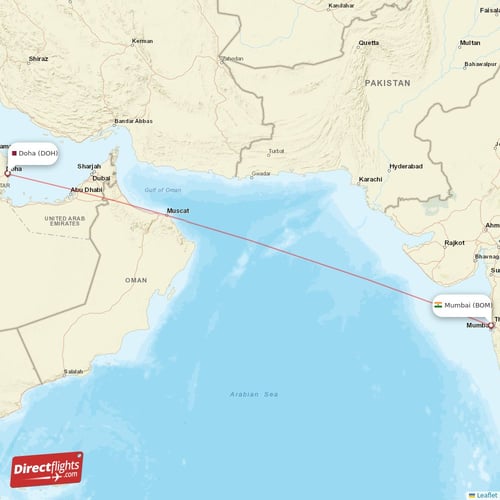 Doha - Mumbai direct flight map