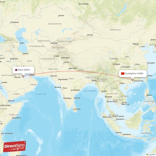 Doha - Guangzhou direct flight map