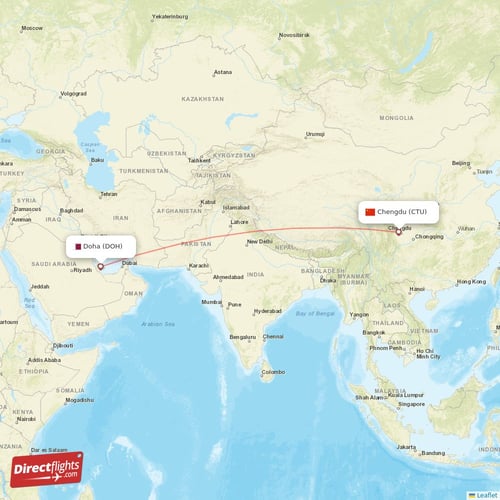 Doha - Chengdu direct flight map