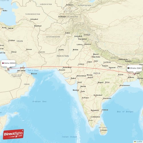 Doha - Dhaka direct flight map