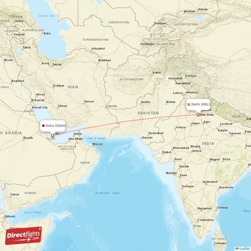 Doha - Delhi direct flight map