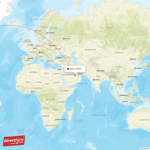 Doha - Dallas direct flight map