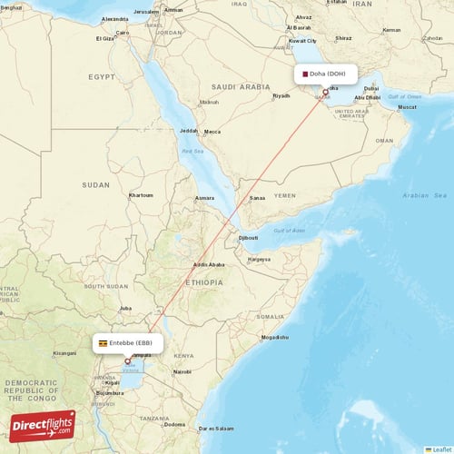 Doha - Entebbe direct flight map