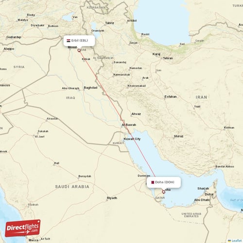 Doha - Erbil direct flight map