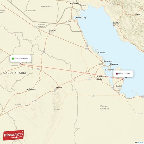 Doha - Gassim direct flight map