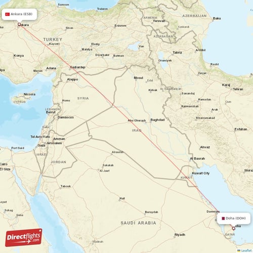 Doha - Ankara direct flight map