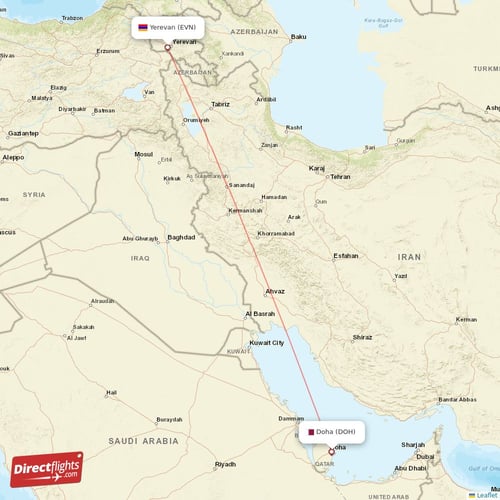Doha - Yerevan direct flight map