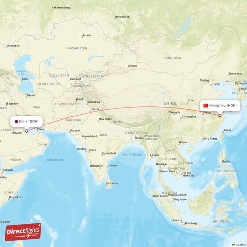 Doha - Hangzhou direct flight map
