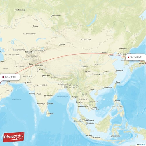 Doha - Tokyo direct flight map