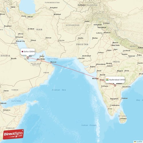 Doha - Hyderabad direct flight map
