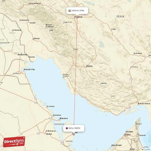 Doha - Isfahan direct flight map