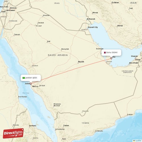 Doha - Jeddah direct flight map