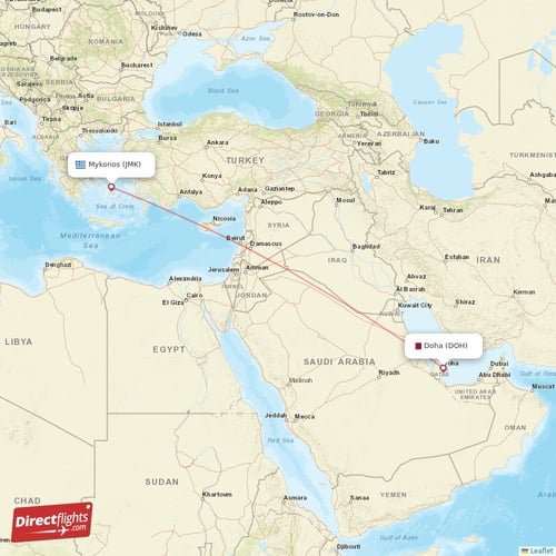Doha - Mykonos direct flight map