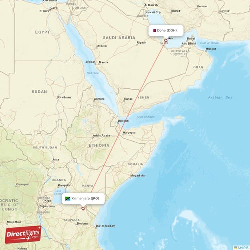 Doha - Kilimanjaro direct flight map