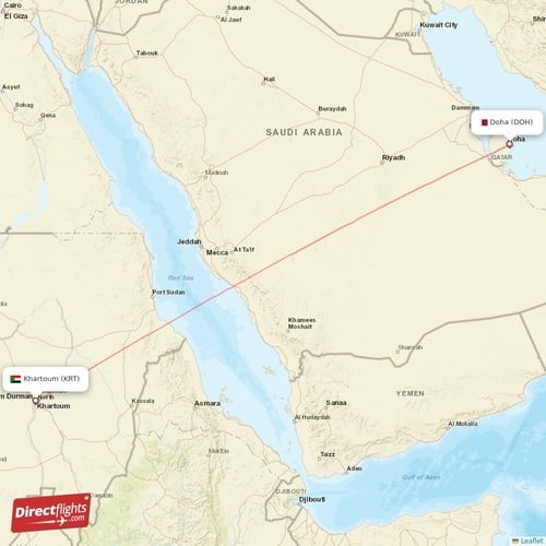 Doha - Khartoum direct flight map